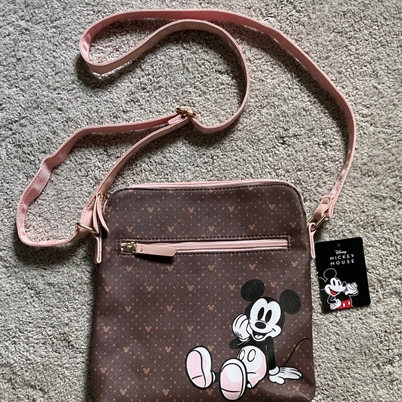 Disney Mickey Mouse Print Crossbody Purse Handbag Brown & Pink - Picture 1 of 7
